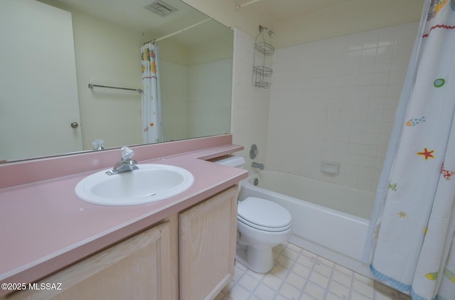 full bathroom with vanity, toilet, and shower / tub combo with curtain