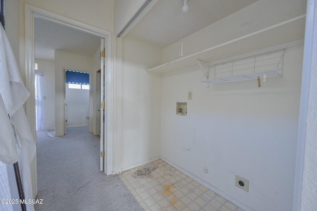 laundry room featuring hookup for an electric dryer, washer hookup, and light colored carpet