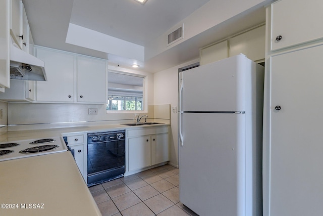 kitchen with white cabinets, sink, light tile patterned floors, white refrigerator, and dishwasher