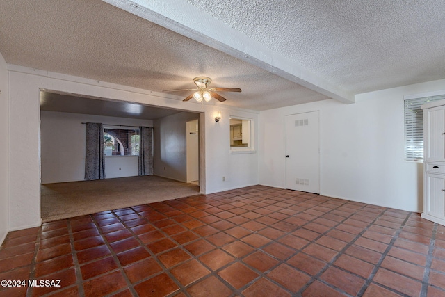 71 N Las Yucas, Green Valley, AZ 85614 - unfurnished living room with a textured ceiling, a ceiling fan, tile patterned floors, and beam ceiling