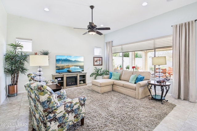 living room with ceiling fan