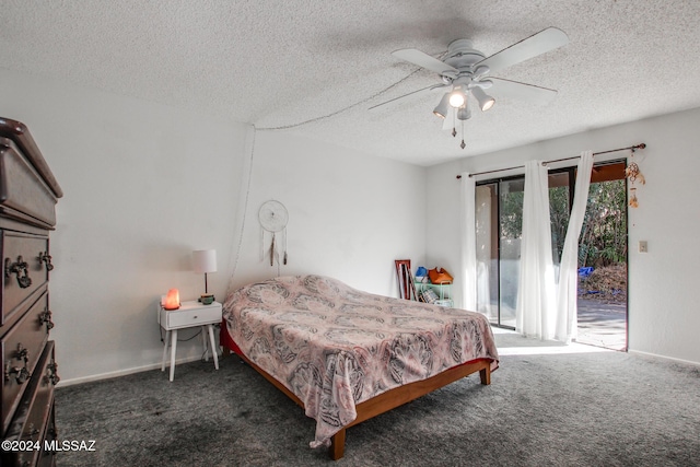 bedroom featuring dark colored carpet, ceiling fan, a textured ceiling, and access to outside