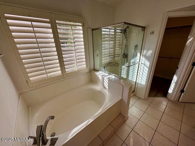 bathroom with tile patterned flooring, plus walk in shower, and a healthy amount of sunlight