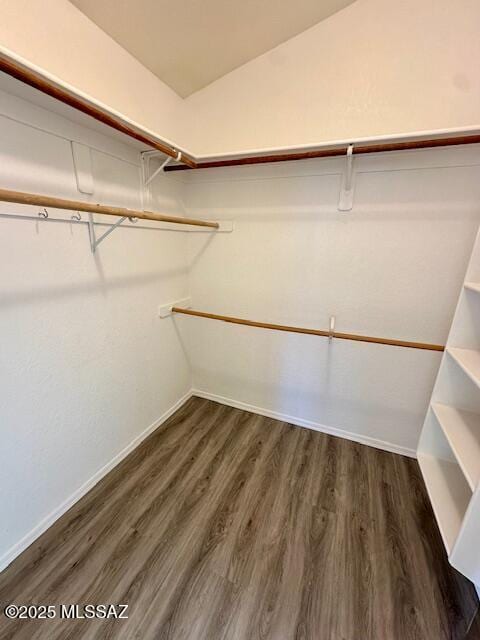 walk in closet with lofted ceiling and dark hardwood / wood-style flooring