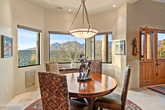 dining space with a mountain view