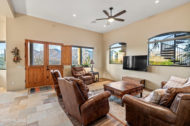 living room with ceiling fan