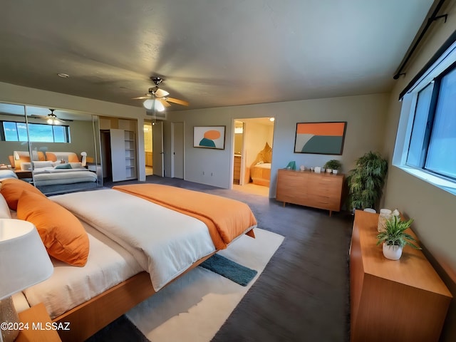 bedroom with connected bathroom and ceiling fan