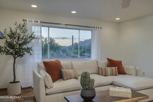 living room featuring a mountain view and hardwood / wood-style floors