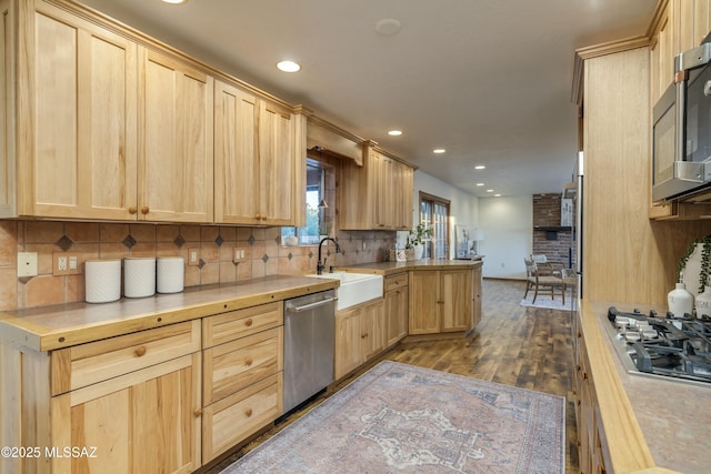 kitchen featuring appliances with stainless steel finishes, light brown cabinets, tasteful backsplash, dark hardwood / wood-style flooring, and sink