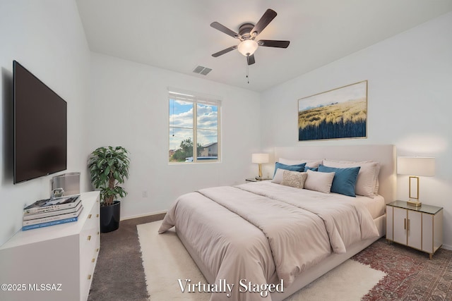 carpeted bedroom featuring ceiling fan