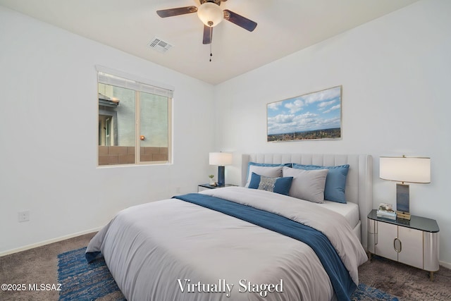 carpeted bedroom with ceiling fan