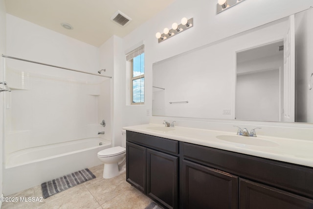 full bathroom featuring tile patterned flooring, vanity, toilet, and shower / bathtub combination