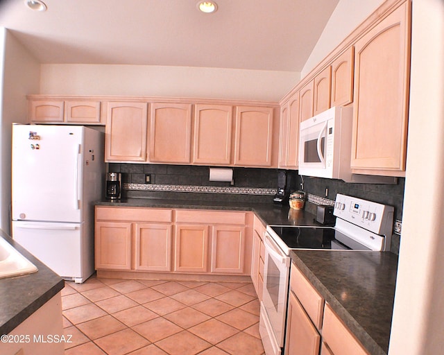 kitchen featuring light brown cabinetry, white appliances, light tile patterned floors, and backsplash