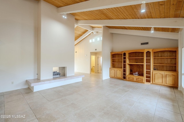 unfurnished living room featuring beam ceiling, high vaulted ceiling, and wood ceiling