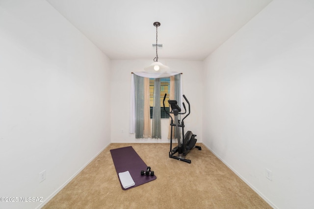 workout room featuring light colored carpet