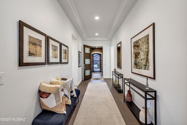 corridor featuring a raised ceiling and dark hardwood / wood-style floors