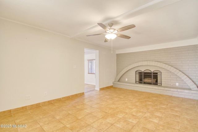 unfurnished living room featuring ceiling fan, light tile patterned flooring, and a brick fireplace