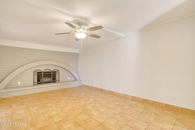 unfurnished living room with ceiling fan and a fireplace