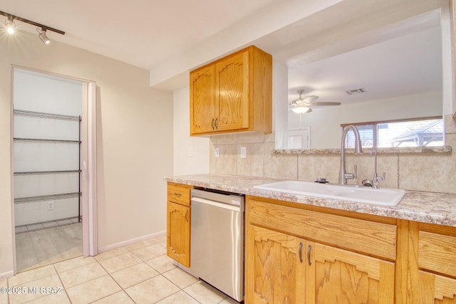 kitchen with ceiling fan, sink, stainless steel dishwasher, decorative backsplash, and light tile patterned floors