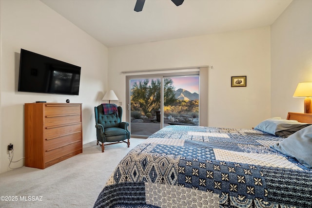 carpeted bedroom featuring ceiling fan and access to exterior