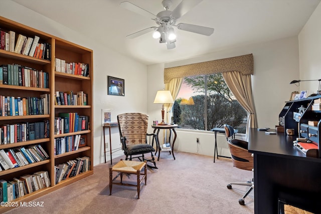 carpeted office featuring ceiling fan