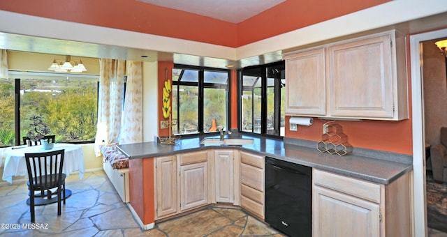 kitchen with dishwasher, light brown cabinets, sink, kitchen peninsula, and a chandelier