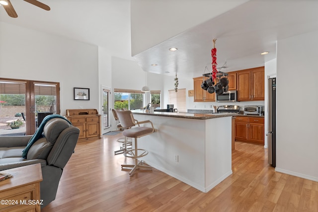 kitchen featuring a kitchen bar, appliances with stainless steel finishes, ceiling fan, pendant lighting, and light hardwood / wood-style flooring