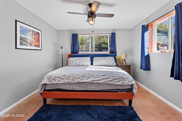 bedroom featuring ceiling fan and a textured ceiling