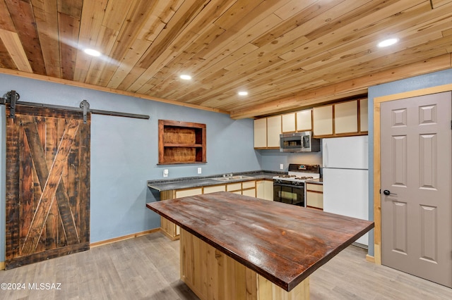 kitchen with a barn door, butcher block countertops, white appliances, wood ceiling, and light wood-type flooring