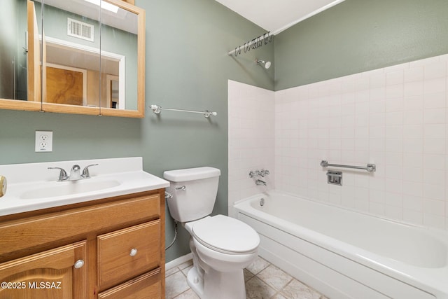 full bathroom with shower / bathtub combination, vanity, toilet, and tile patterned flooring