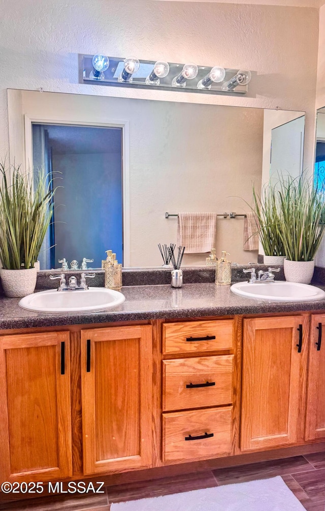 bathroom with hardwood / wood-style floors and vanity