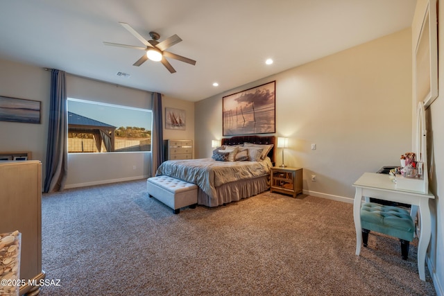 bedroom featuring recessed lighting, visible vents, carpet floors, baseboards, and ceiling fan