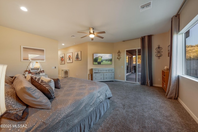 carpeted bedroom featuring visible vents, access to outside, recessed lighting, and multiple windows