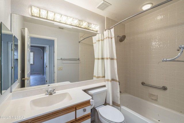 full bath featuring visible vents, shower / bathtub combination with curtain, toilet, and vanity