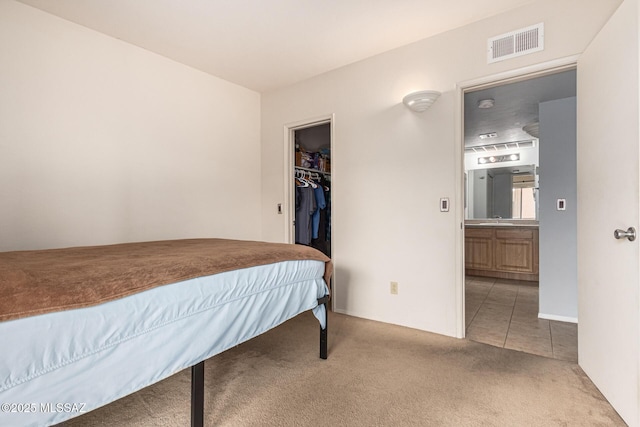 bedroom featuring a spacious closet, a closet, light carpet, and sink