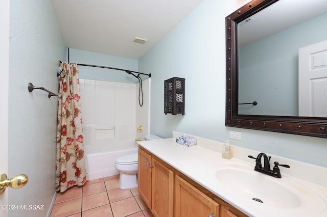 full bathroom featuring toilet, shower / tub combo, vanity, and tile patterned floors