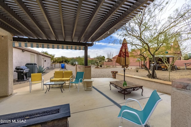 view of patio with a pergola, outdoor lounge area, and central AC unit