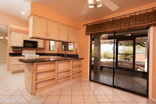 kitchen featuring white electric range oven, kitchen peninsula, light tile patterned floors, and dark stone counters