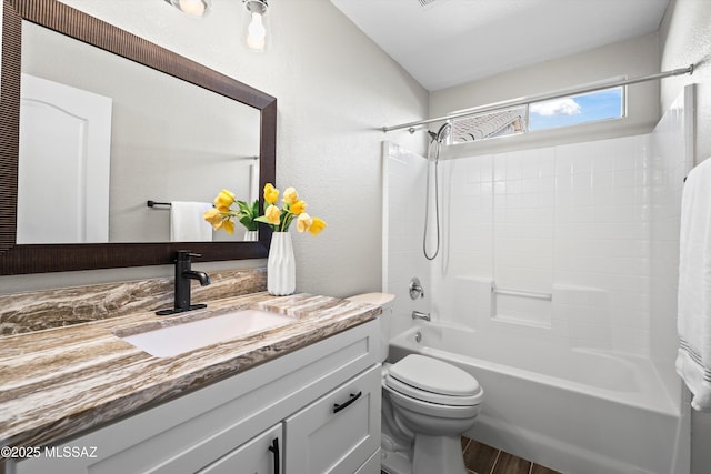 full bathroom featuring vanity, shower / bathtub combination, toilet, and wood-type flooring