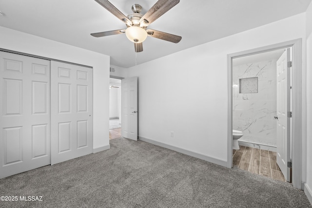 unfurnished bedroom with connected bathroom, a closet, ceiling fan, and light colored carpet