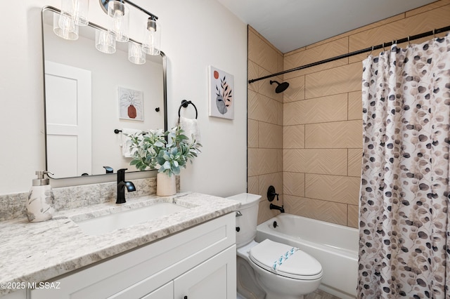 full bathroom with shower / bath combination with curtain, vanity, and toilet