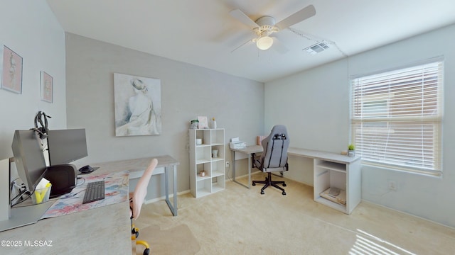 carpeted office featuring ceiling fan