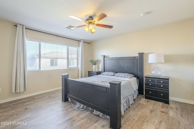 bedroom featuring ceiling fan and light hardwood / wood-style flooring