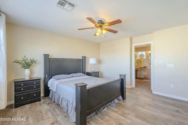 bedroom with ceiling fan, light wood-type flooring, and ensuite bath