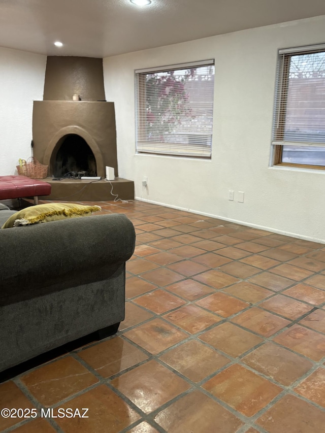 living room with a large fireplace