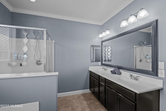 bathroom with vanity, crown molding, and walk in shower