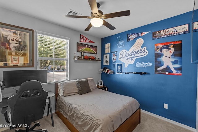 carpeted bedroom featuring ceiling fan