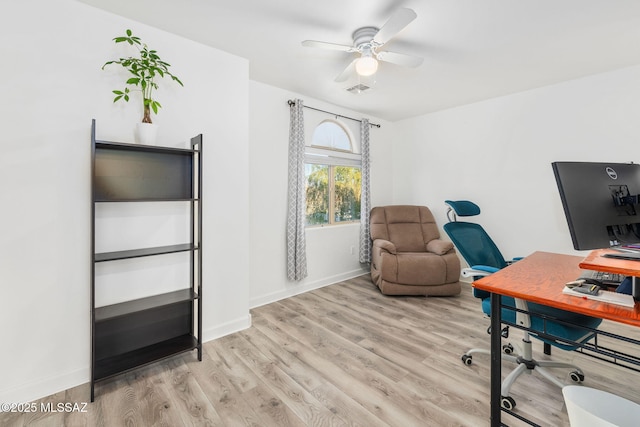 office area featuring ceiling fan and light wood-type flooring