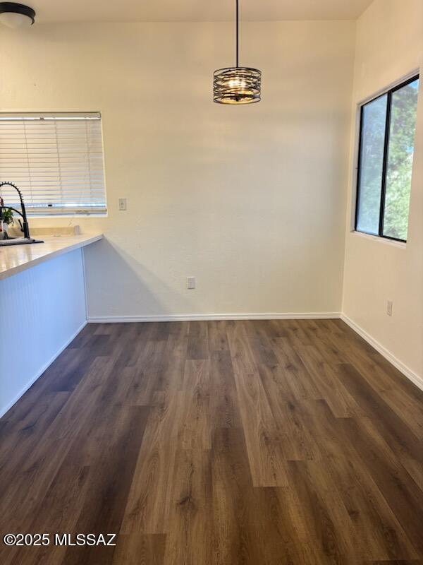 unfurnished dining area with sink and dark wood-type flooring