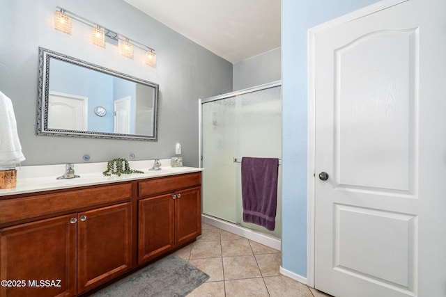 bathroom with tile patterned flooring, vanity, and an enclosed shower